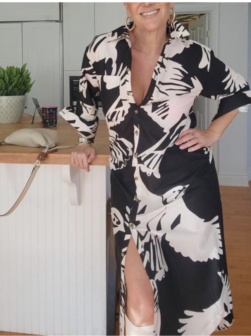 Anthropologie Soren Black & Cream Long-Sleeve Shirt Dress - Picture 2 of 9